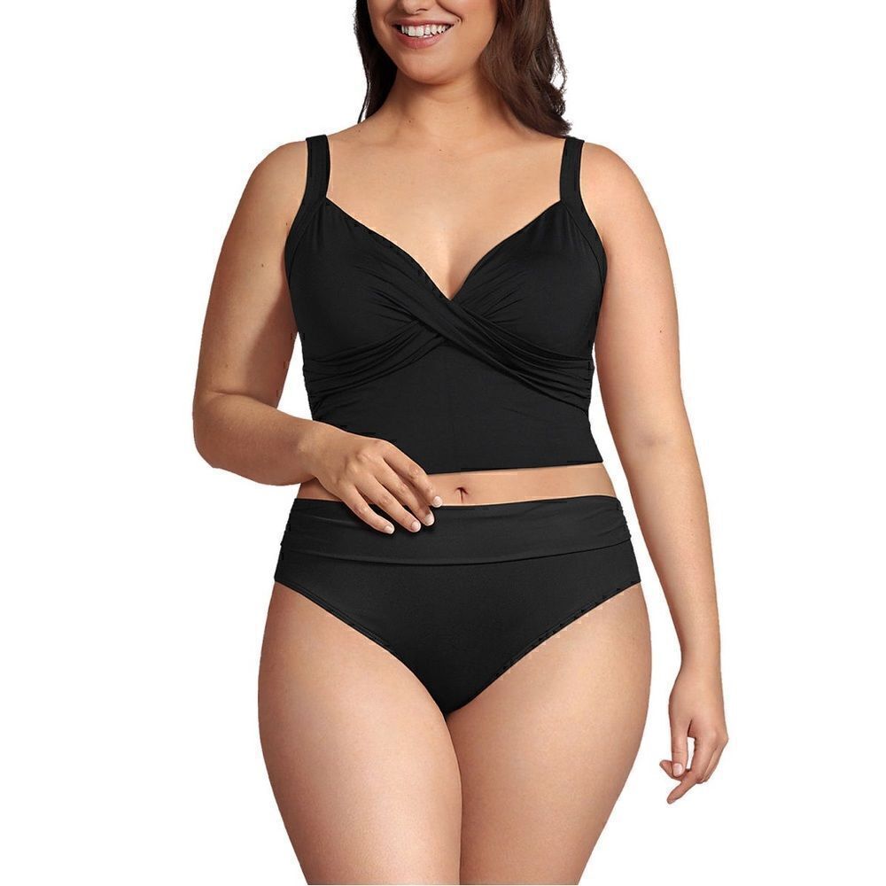 Land’s End Plus Standard Midkini crop V neck wrap bikini top soft cup Black Var - Picture 5 of 7